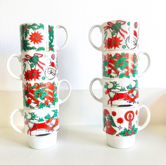 Vintage Mid Century 50s 60s Christmas Stacking Cups Mugs Set of 8
